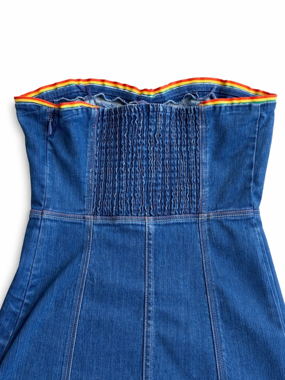 Anthropologie Strapless Denim Mini Dress Rainbow Trim NWT XS Button Front Boho - Picture 8 of 13